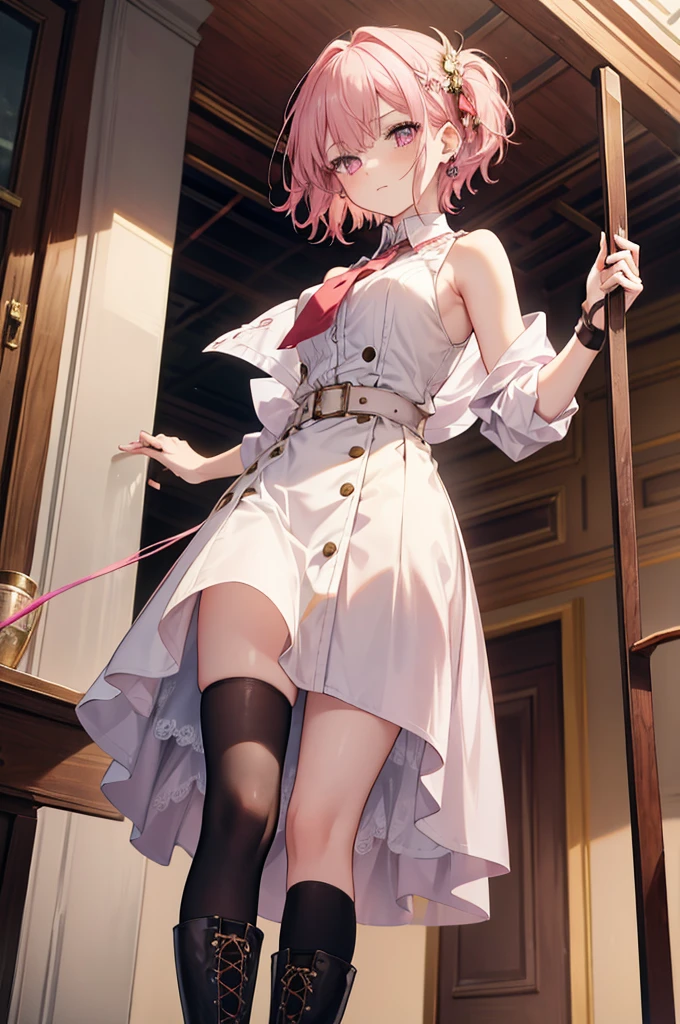 20 years old, with short pink hair just below the shoulders, pale pink eyes, and an expression that is serious yet happy. She dresses in an antique style, wearing a long light brown skirt, a sleeveless white blouse with a vertical red line down the center on the buttons, brown gloves, and high boots with many straps. Her weapons are hundreds of needles connected by thread. 