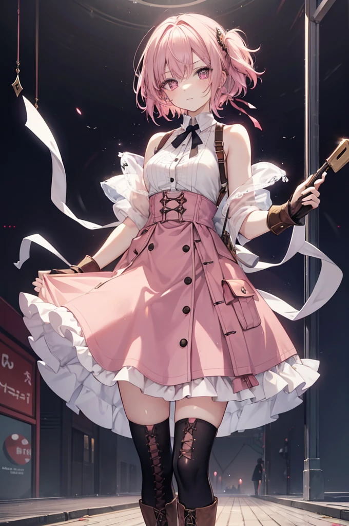 20 years old, with short pink hair just below the shoulders, pale pink eyes, and an expression that is serious yet happy. She dresses in an antique style, wearing a long light brown skirt, a sleeveless white blouse with a vertical red line down the center on the buttons, brown gloves, and high boots with many straps. Her weapons are hundreds of needles connected by thread. 