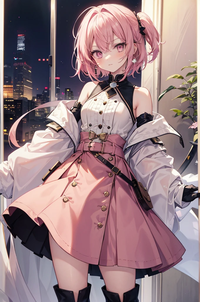20 years old, with short pink hair just below the shoulders, pale pink eyes, and an expression that is serious yet happy. She dresses in an antique style, wearing a long light brown skirt, a sleeveless white blouse with a vertical red line down the center on the buttons, brown gloves, and high boots with many straps. Her weapons are hundreds of needles connected by thread. 