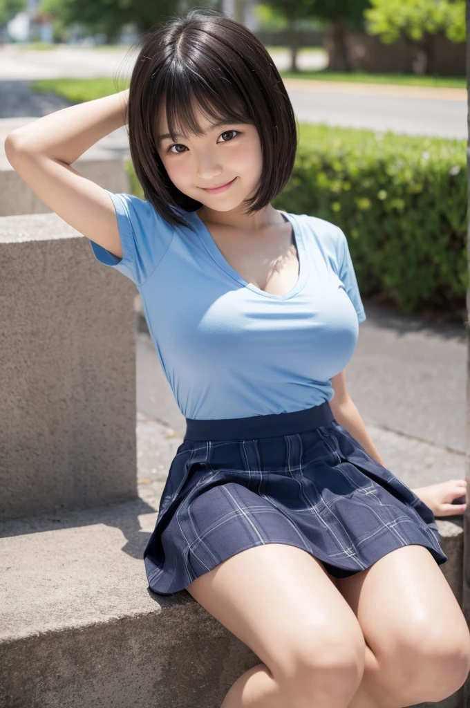 ultra highres,(reality: 1.4),highest quality, masterpiece, high detail, 16K quality, beautiful, 1 beautiful girl,japanese,super beautiful face,,japanese idol face,cute face,super detailed face,detailed hand,beautiful skin,sweaty skin,big eyes,big smile,profeccional lighting,short hair, black hair,brown beautiful eyes, topless,checked skirt,bottom less,(skirt lift),standing,(((show off pussy))),detailed pussy,(spread legs),medium breasts,black high socks,she is looking at the camera,pool side,blue sky,nsfw,from below,