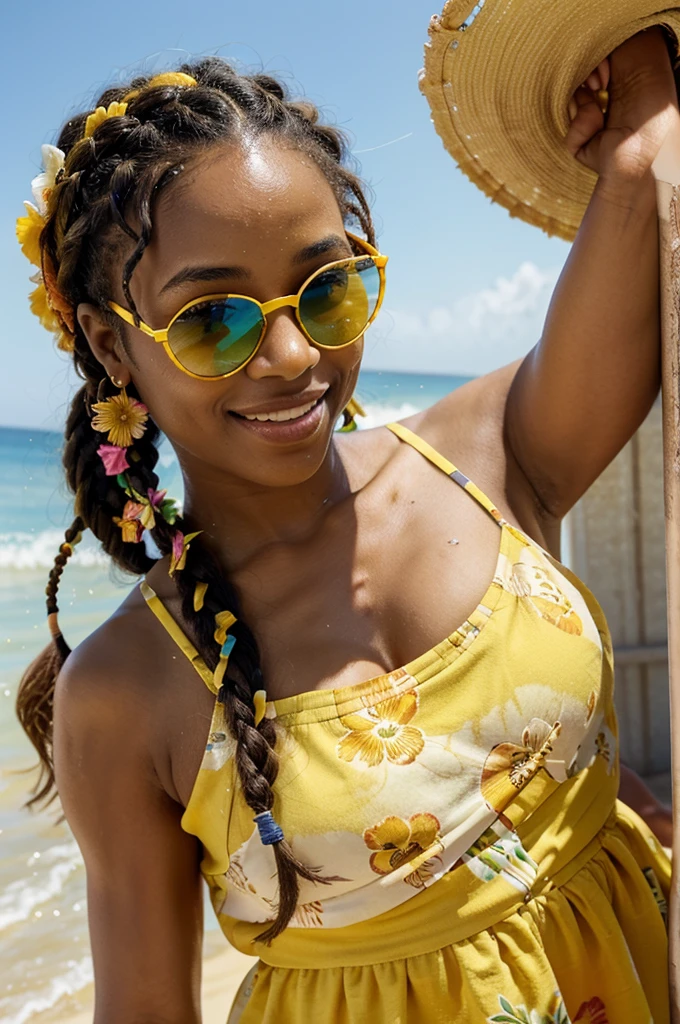 "Selfie of an African American woman with loose braided hair and sunglasses on her head. She is wearing a bright yellow summer dress with floral patterns. The background shows a sunny beach with waves and The photo is very realistic, capturing the details of her smile, her colorful clothes and the beach vibe."