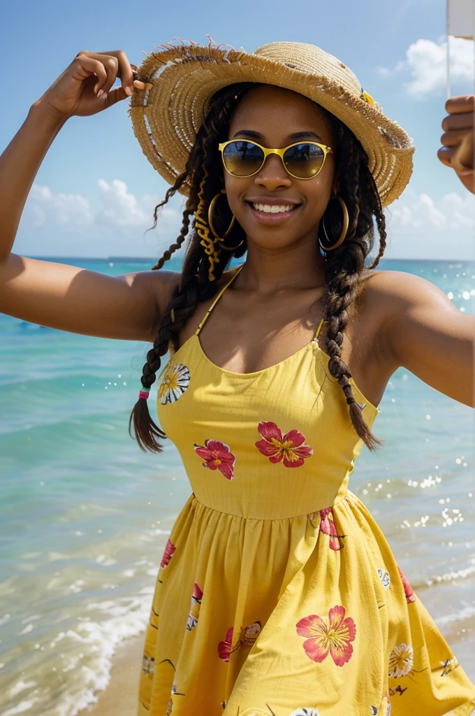 "Selfie of an African American woman with loose braided hair and sunglasses on her head. She is wearing a bright yellow summer dress with floral patterns. The background shows a sunny beach with waves and The photo is very realistic, capturing the details of her smile, her colorful clothes and the beach vibe."