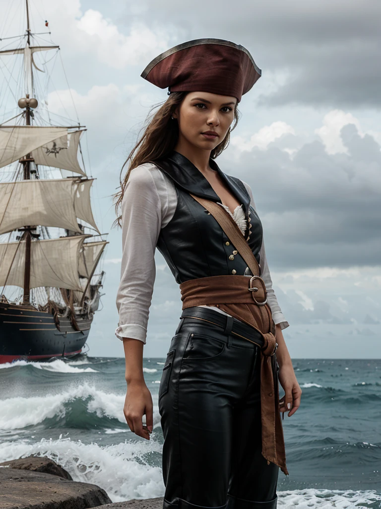 A fashion model dressed in a detailed and stylish pirate costume poses confidently on the set of 'Pirates of the Caribbean.' Her outfit includes a tricorn hat with a feather, a fitted leather vest over a billowy white shirt, high-waisted trousers tucked into tall, weathered boots, and a decorative sash tied around her waist. She holds a cutlass at her side, ready for adventure. The background features an impressive, old pirate ship cruising on the vast, open ocean under a dramatic, cloudy sky, with the ship's sails billowing in the wind and the waves crashing against its hull.