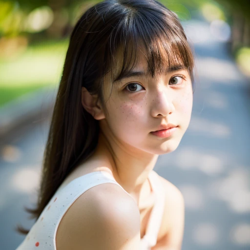 lens: 135mm f1.8,(highest quality),(Tabletop:1.1), (Beautiful 14 year old Japanese girl), (Moist lips), Narrow eyes, double eyelid,Delicate clavicle,Flat Chest,Shortcuts,
(Let's take another look), (close:1.4), shame, A faint smile,
(Speckled sunlight:1.2), Dramatic lighting,
(White camisole), (Sunburned skin:0.2),Full body photo、Full Body Focus、Toes、Nipples are visible