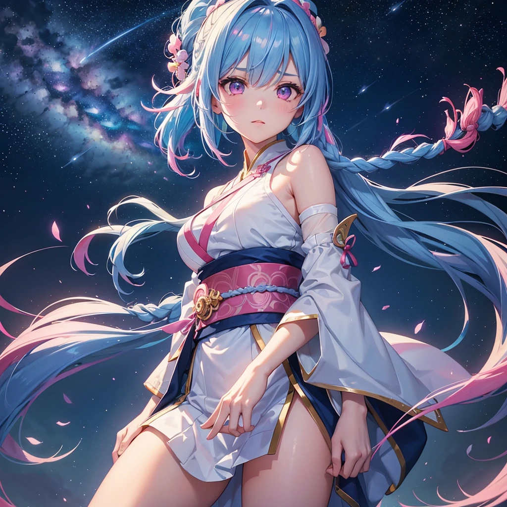 Sky blue hair, (One braided ponytail),(Pink Eyes),Fair skin ,(whole body),(One girl),Hanfu,The goddess,Tanabata,(A beautiful Milky Way in the night sky),Stern face,Straight bangs,(masterpiece, Highest quality, Very detailed, Best Shadow), (Detailed Background), (Beautifully detailed face), High Contrast, (Best lighting, Very delicate and beautiful), ((Cinematic Light)), colorful, Hyper Detail, Dramatic Light, Intricate details,