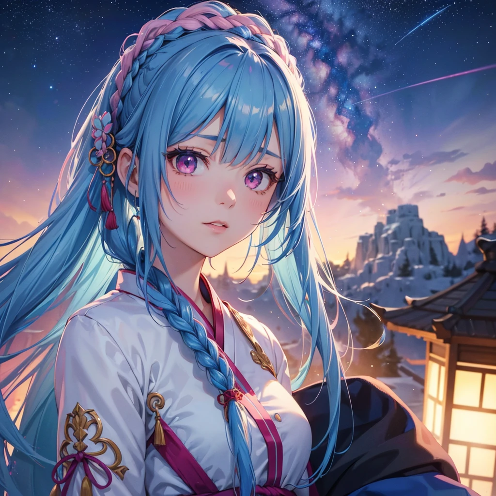 Sky blue hair, (One braided ponytail),(Pink Eyes),Fair skin ,(whole body),(One girl),Hanfu,The goddess,Tanabata,(A beautiful Milky Way in the night sky),Stern face,Straight bangs,(masterpiece, Highest quality, Very detailed, Best Shadow), (Detailed Background), (Beautifully detailed face), High Contrast, (Best lighting, Very delicate and beautiful), ((Cinematic Light)), colorful, Hyper Detail, Dramatic Light, Intricate details,