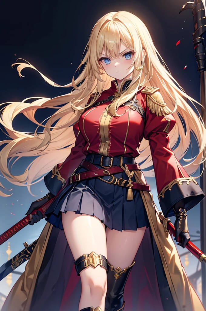20-year-old girl, long blonde hair, blue eyes, angry expression, long dark blue skirt with gold embroidery at the hem, old-fashioned blue blouse with long fitted sleeves, adorned with red details, red leather gloves that reach her elbows, dark brown leather boots that reach mid-calf, leather belt adorned with a golden buckle and red details, her weapon is a huge greatsword with a gold and red decorated handle, hanging on her back in an ornate sheath.