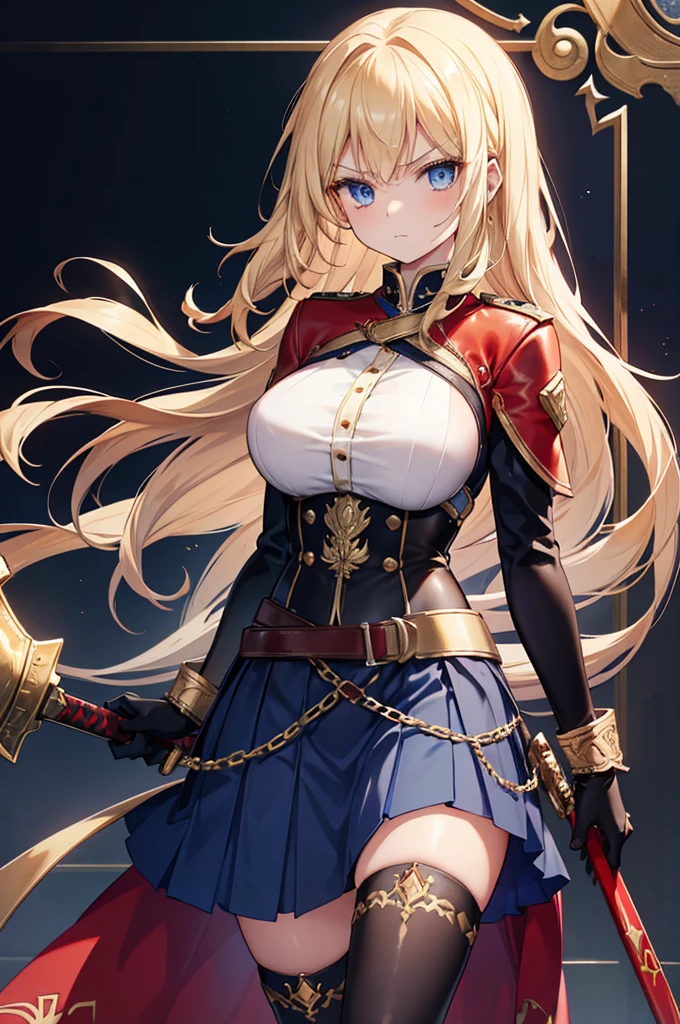 20-year-old girl, long blonde hair, blue eyes, angry expression, long dark blue skirt with gold embroidery at the hem, old-fashioned blue blouse with long fitted sleeves, adorned with red details, red leather gloves that reach her elbows, dark brown leather boots that reach mid-calf, leather belt adorned with a golden buckle and red details, her weapon is a huge greatsword with a gold and red decorated handle, hanging on her back in an ornate sheath.