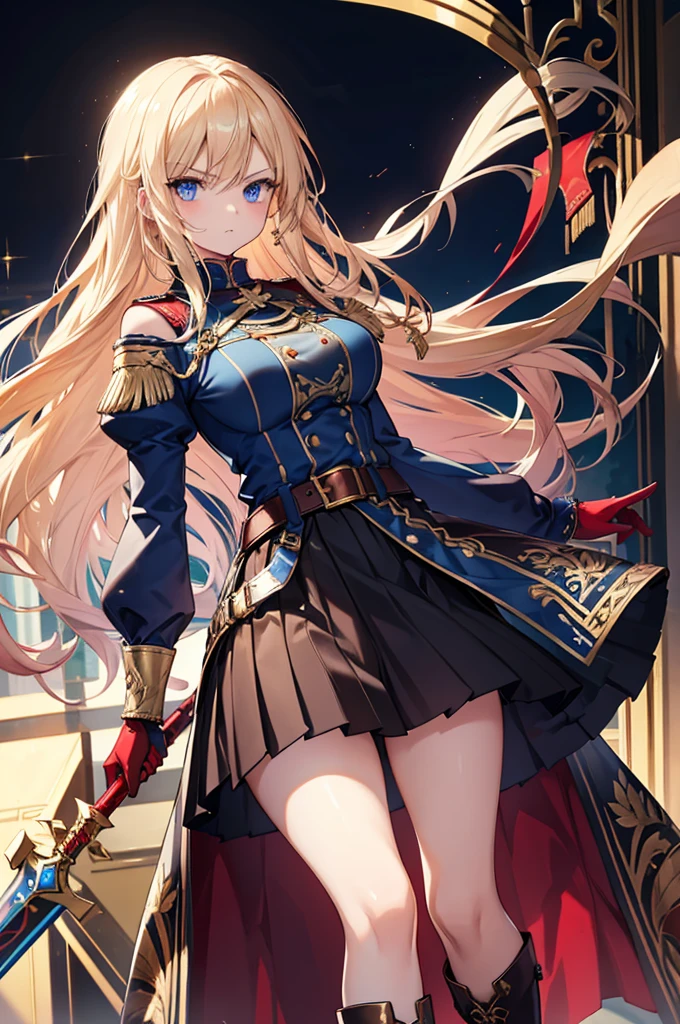 20-year-old girl, long blonde hair, blue eyes, angry expression, long dark blue skirt with gold embroidery at the hem, old-fashioned blue blouse with long fitted sleeves, adorned with red details, red leather gloves that reach her elbows, dark brown leather boots that reach mid-calf, leather belt adorned with a golden buckle and red details, her weapon is a huge greatsword with a gold and red decorated handle, hanging on her back in an ornate sheath.