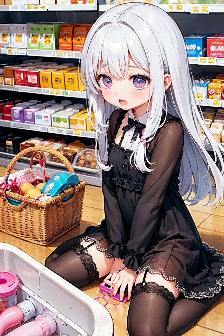 Shopping at the supermarket、There are items in the basket、Pick up and select the product、Merchandise Shed、Have a basket、Inserting a vibrator into your、shame、blush、Pussy juice overflows from the pussy、The vibration of the vibrator makes her pussy juice drip、Vibrator Masturbation、Horny girl、、Her pussy juice is dripping all the way to the floor、Stringy pussy juice、A young girl with a baby face、Sheer lace dress、Lace Stockings、Brat、Spectacular Squirting