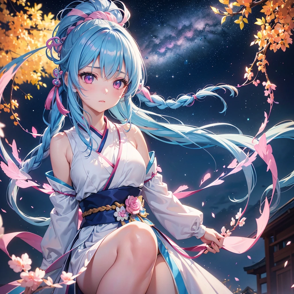 Sky blue hair, (One braided ponytail),(Pink Eyes),Fair skin ,(whole body),(One girl),Hanfu,The goddess,Tanabata,(A beautiful Milky Way in the night sky),Stern face,Straight bangs,(masterpiece, Highest quality, Very detailed, Best Shadow), (Detailed Background), (Beautifully detailed face), High Contrast, (Best lighting, Very delicate and beautiful), ((Cinematic Light)), colorful, Hyper Detail, Dramatic Light, Intricate details,