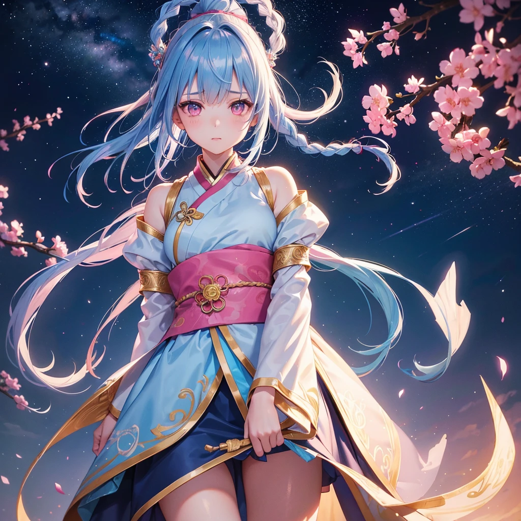 Sky blue hair, (One braided ponytail),(Pink Eyes),Fair skin ,(whole body),(One girl),Hanfu,The goddess,Tanabata,(A beautiful Milky Way in the night sky),Stern face,Straight bangs,(masterpiece, Highest quality, Very detailed, Best Shadow), (Detailed Background), (Beautifully detailed face), High Contrast, (Best lighting, Very delicate and beautiful), ((Cinematic Light)), colorful, Hyper Detail, Dramatic Light, Intricate details,