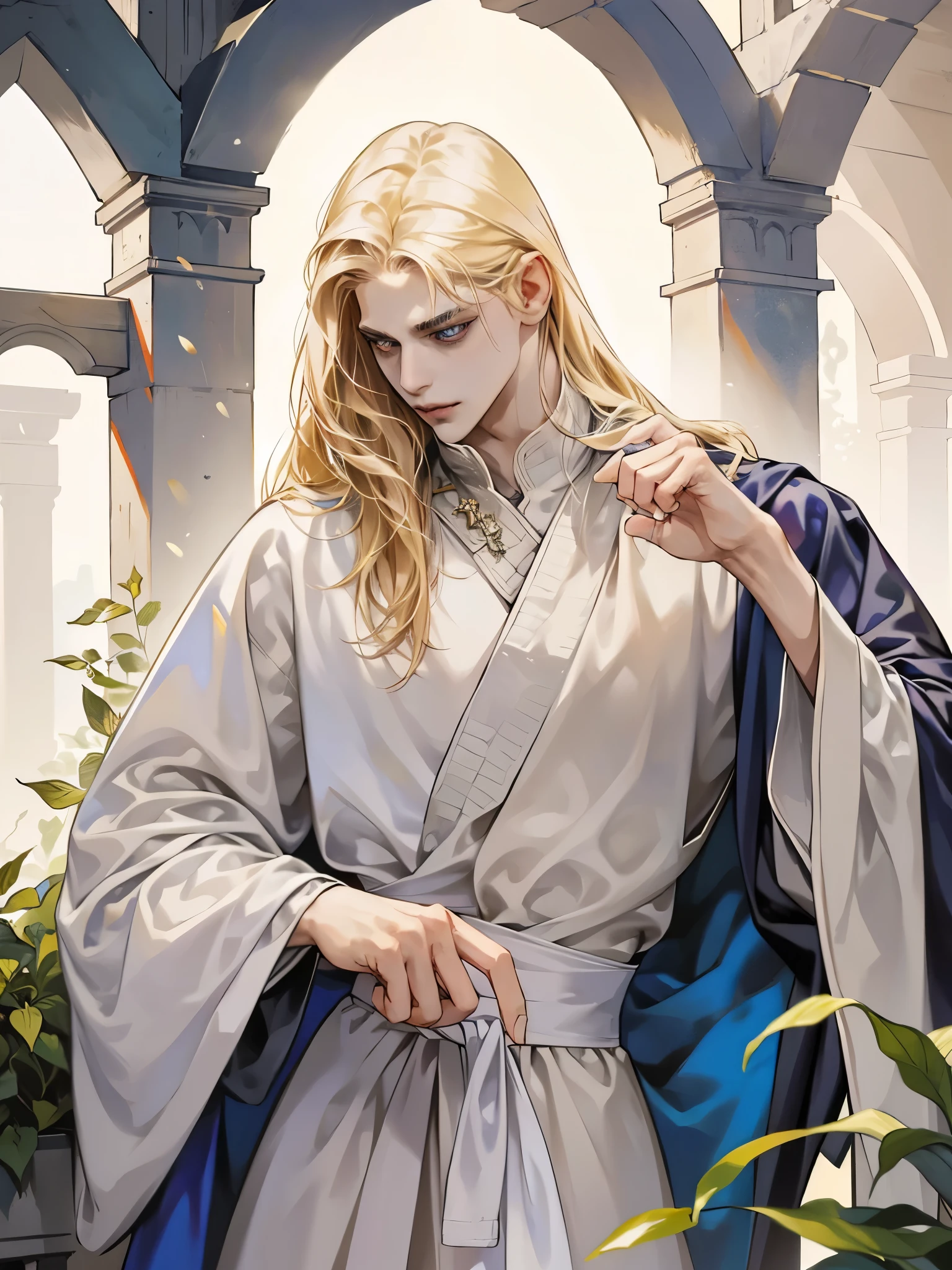 Middle Ages, One, Castlevania Lord handsome, a thin man heads a monastery, beautiful robe, white fabric clothes, A cross hangs around my neck, priest, dynamic pose, super detailed face, long hair, blonde hair, Sharp facial features, adult, handsome man, heavenly eyes, beautiful hands, in a beautiful garden