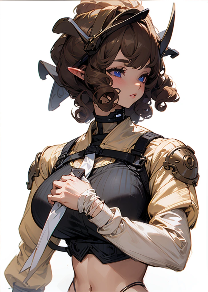 make her with blonde curly hair, and fix her eyes, making it visible 