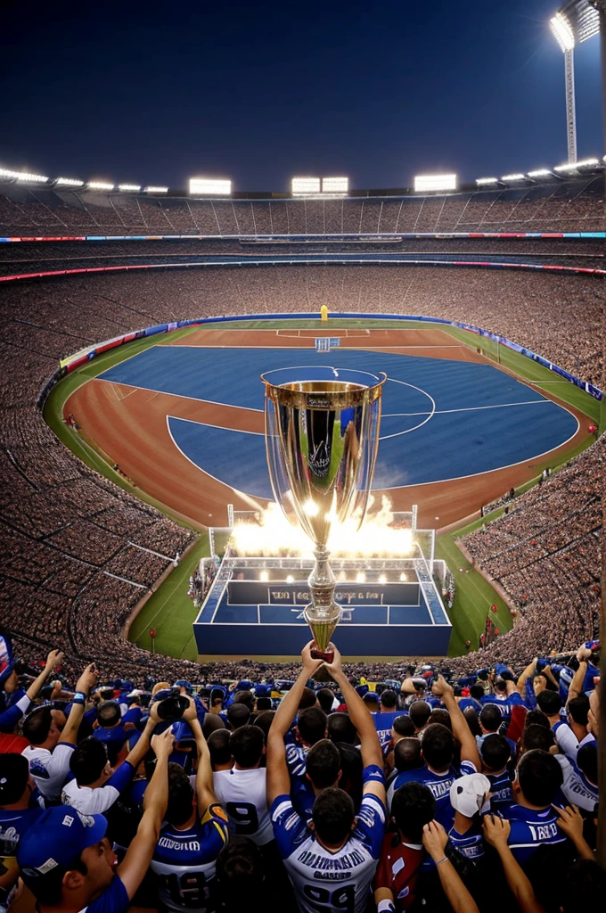 Create me a cover for the start of a championship with 2 people raising the champions cup in the stadium with many people