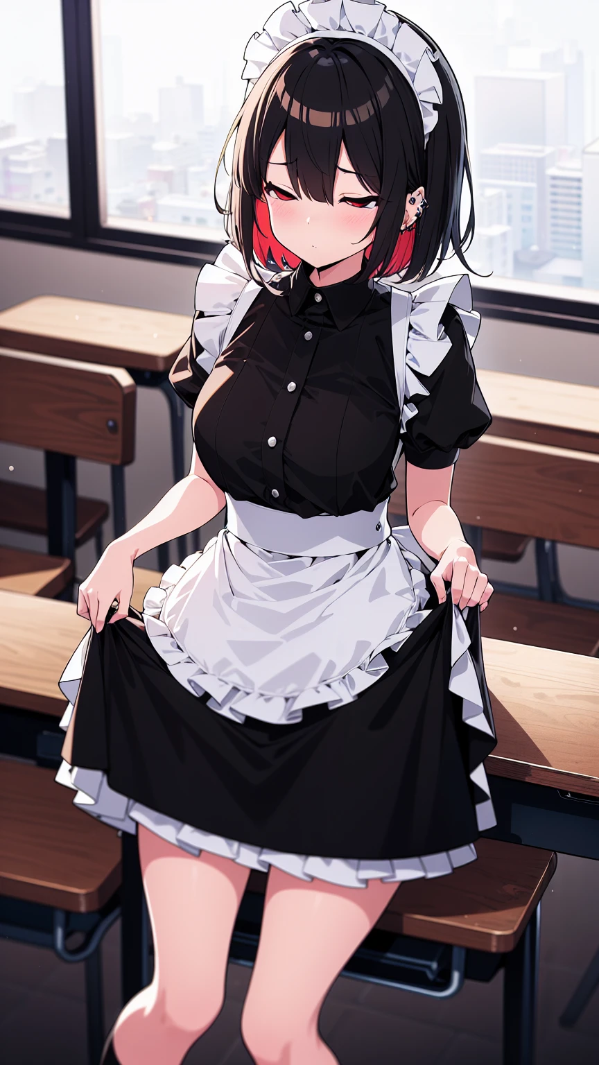 (cowboy shot),(ultra-high resolution, depth of field:1.2),Zenless Zone Zero,(Elen Joe:1.1),1woman,mature,black hair,short hair,inner color hair,(red eyes),medium breasts,crossed arms,maid dress,shark tail,maid apron,maid headdress,piercing,short sleeves,in classroom,sitting,sleepy,closed eyes,sit in a chair,skirt lift,skirt hold
