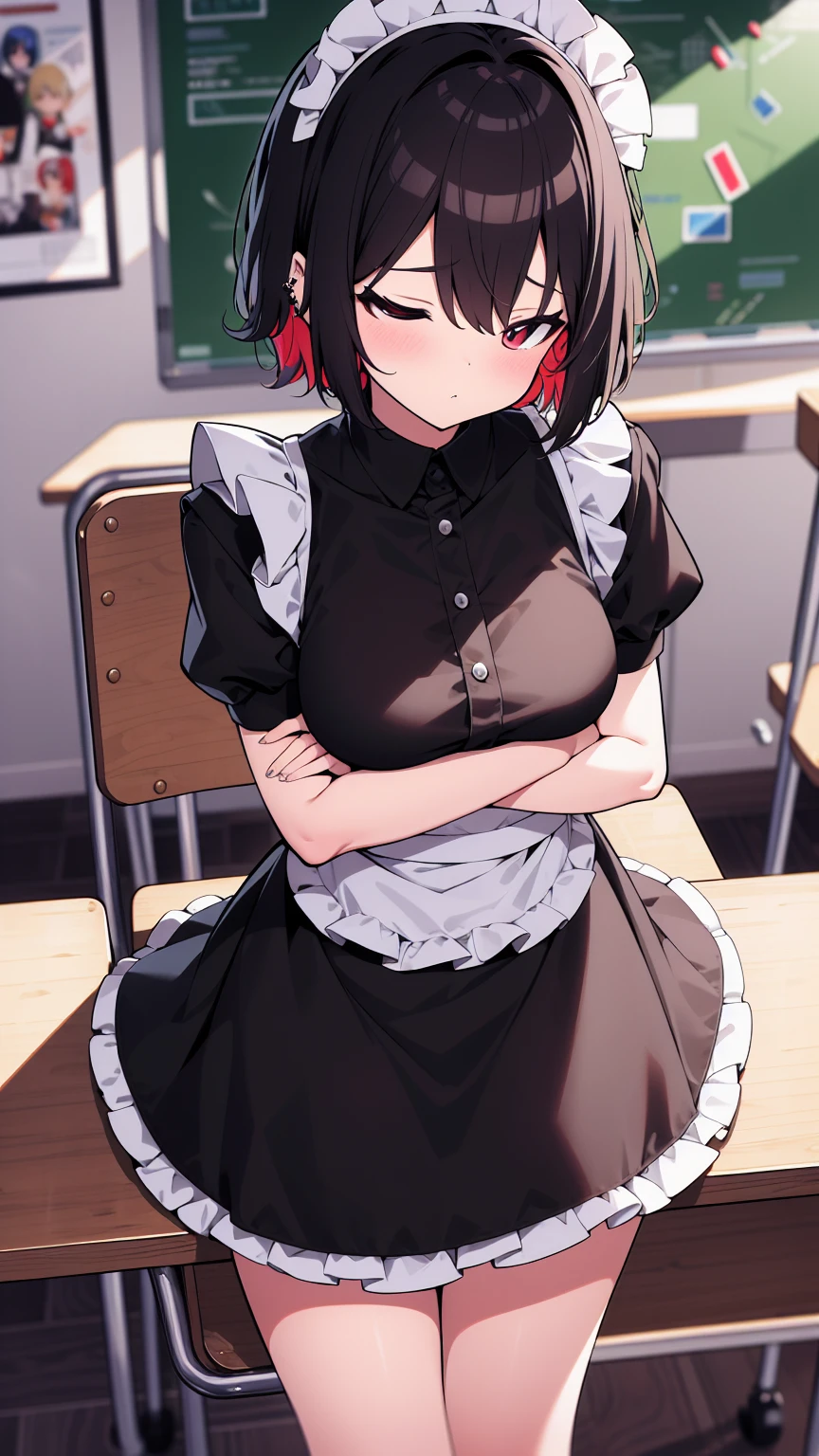 (cowboy shot),(ultra-high resolution, depth of field:1.2),Zenless Zone Zero,(Elen Joe:1.1),1woman,mature,black hair,short hair,inner color hair,(red eyes),medium breasts,crossed arms,maid dress,shark tail,maid apron,maid headdress,piercing,short sleeves,in classroom,sitting,sleepy,closed eyes,sit in a chair,skirt lift,skirt hold
