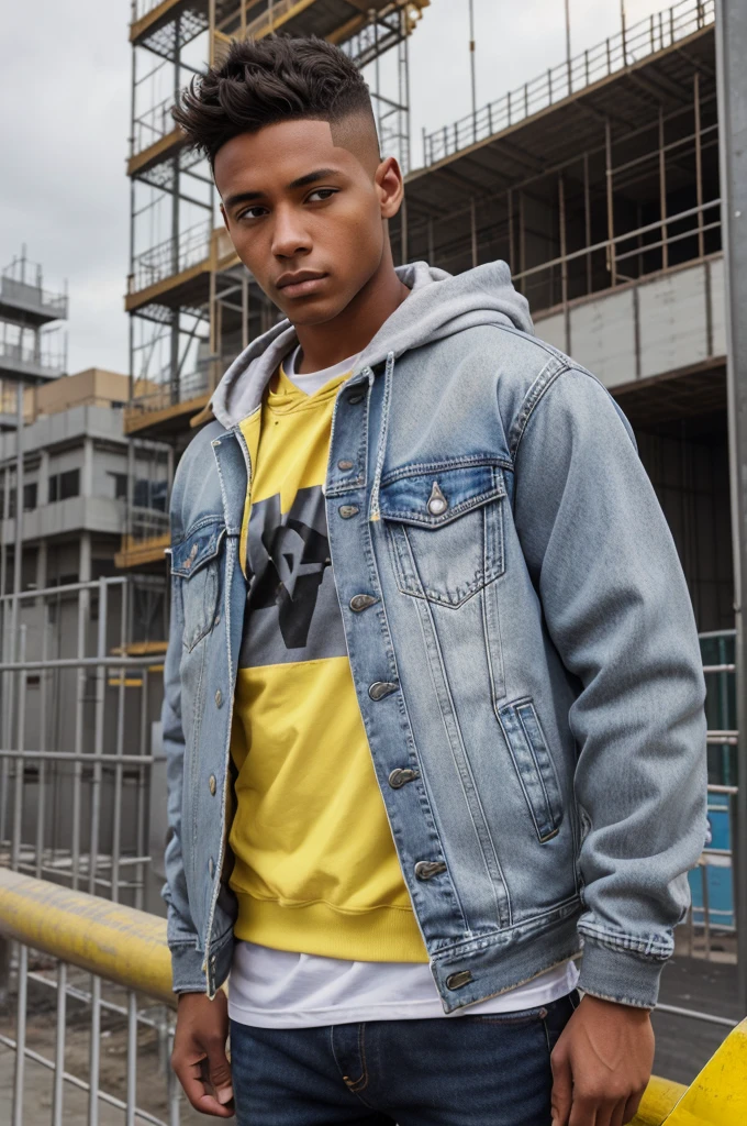 The image of a young man standing in front of a construction site. He is wearing a blue denim jacket with a grey hooded sweatshirt underneath. The background features scaffolding and yellow construction material, suggesting that the building is under construction. The man has short, styled hair and is looking directly at the camera with a neutral expression.