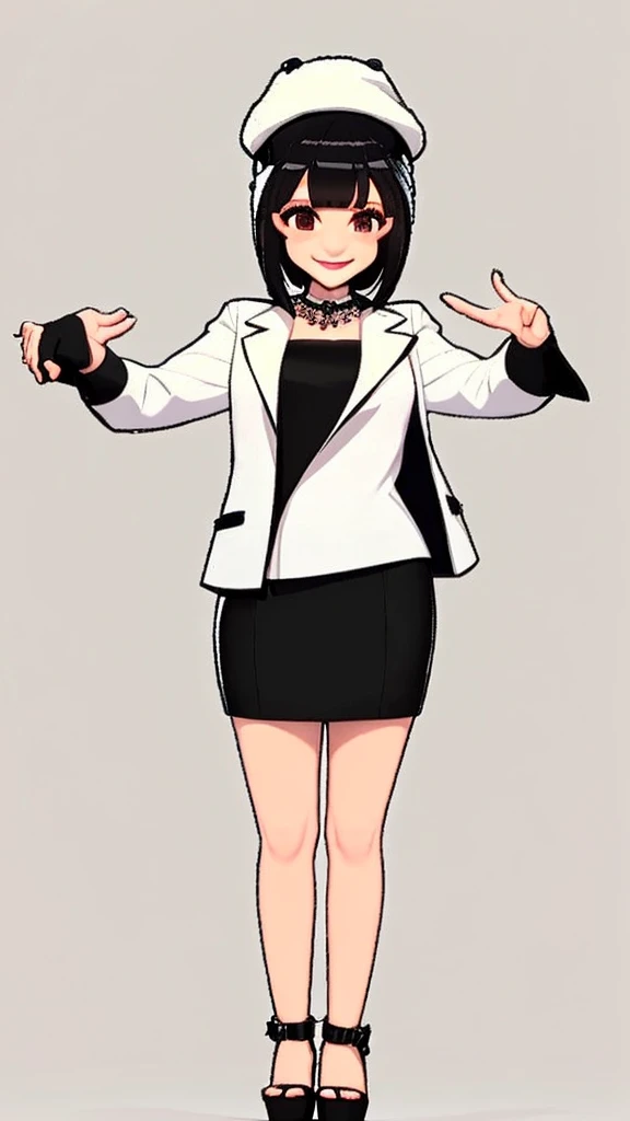 there is a computer animated character holding her hands out to the camera, 1girl, solo, sparkle, hat, black hair, white background, smile, jewelry,Cheerful girl