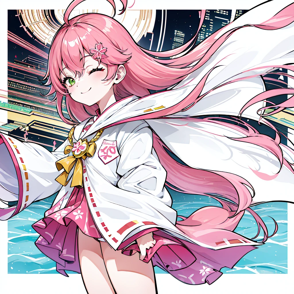 girl, solo,big, masterpiece, Highest quality, smile, cyber-, One person city、SakuraMiko,Long Hair、Close-up of face、A big smile、Close your eyes and laugh、Miko costume、Pink Hair、Ahoge