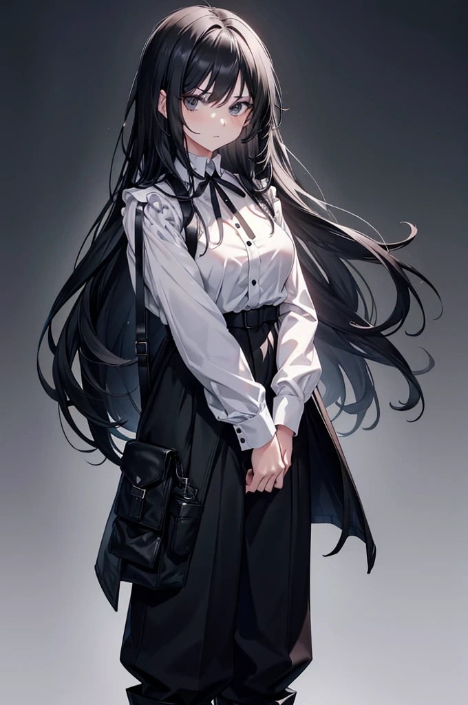 30-year-old woman, long black hair, serious, black eyes, wears old-fashioned clothing, black baggy pants, black boots, white blouse with long sleeves and exposed shoulders, powers of darkness, dark background.