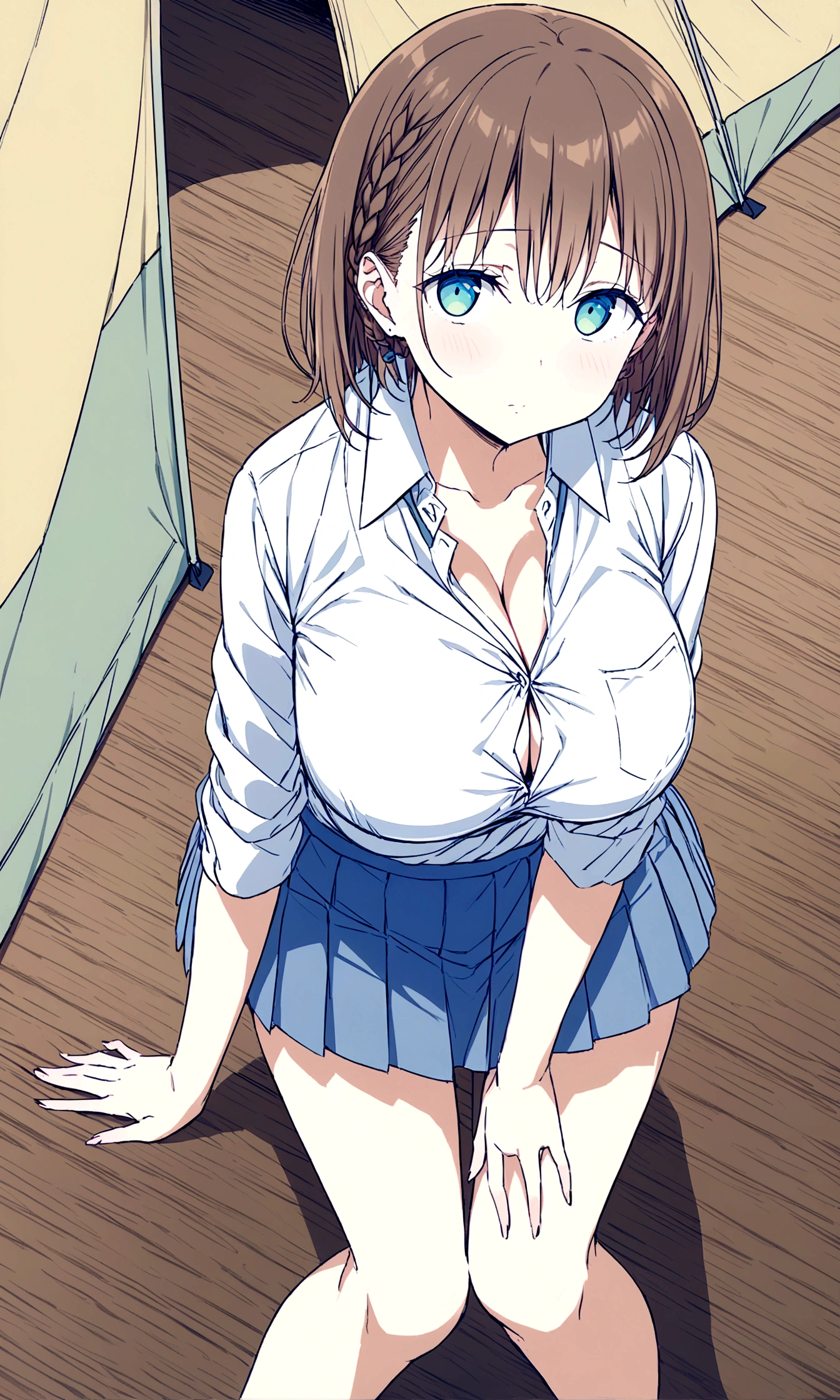 Tawawa on Monday,Ai-chan,Big Breasts,cleavage cutout,high school girl,source_アニメ, 1girl, solo,whole body,brown hair, cyan eyes, braid, white shirt, collared shirt, pleated skirt, blue skirt, large breasts, looking at you,contemptuous,in homeless blue tent,hentai,finely detailed beautiful face,high quality,アニメ,beautiful,High resolution,アニメ color,{{{{8K_wallpaper}}}},{{{masterpiece}}},{{{{extremely detailed eyes}}}},{{{{extremely detailed body}}}},{{{{extremely detailed finger}}}}