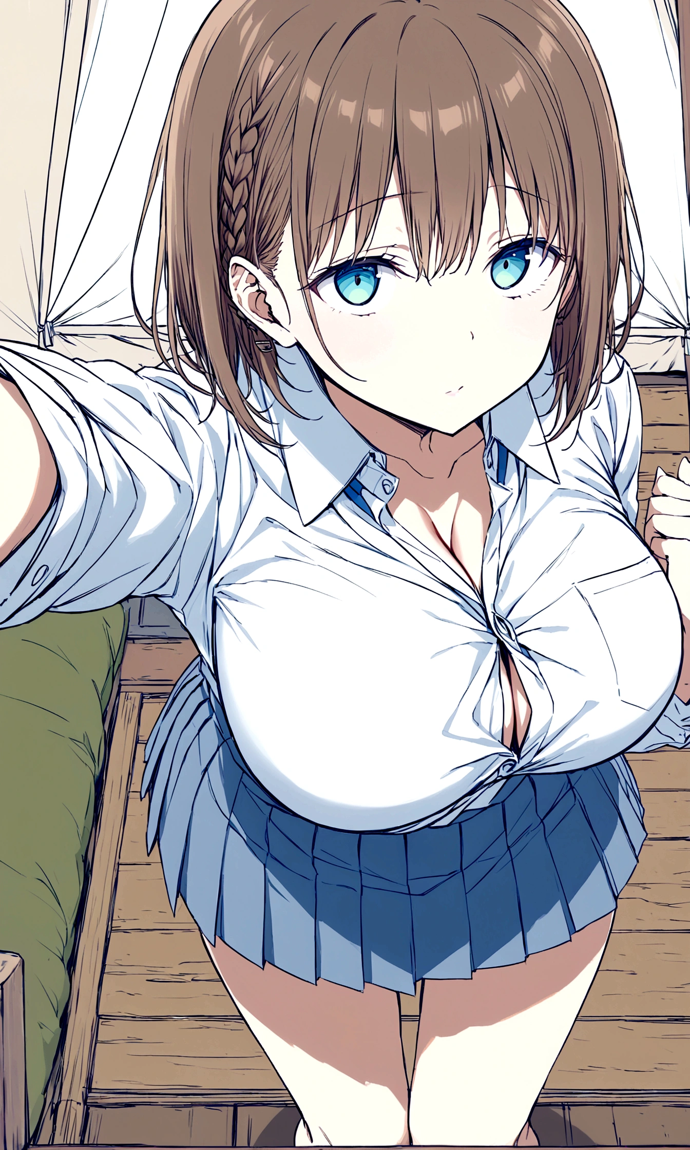 Tawawa on Monday,Ai-chan,Big Breasts,cleavage cutout,high school girl,source_アニメ, 1girl, solo,whole body,brown hair, cyan eyes, braid, white shirt, collared shirt, pleated skirt, blue skirt, large breasts, looking at you,contemptuous,in homeless blue tent,hentai,finely detailed beautiful face,high quality,アニメ,beautiful,High resolution,アニメ color,{{{{8K_wallpaper}}}},{{{masterpiece}}},{{{{extremely detailed eyes}}}},{{{{extremely detailed body}}}},{{{{extremely detailed finger}}}}