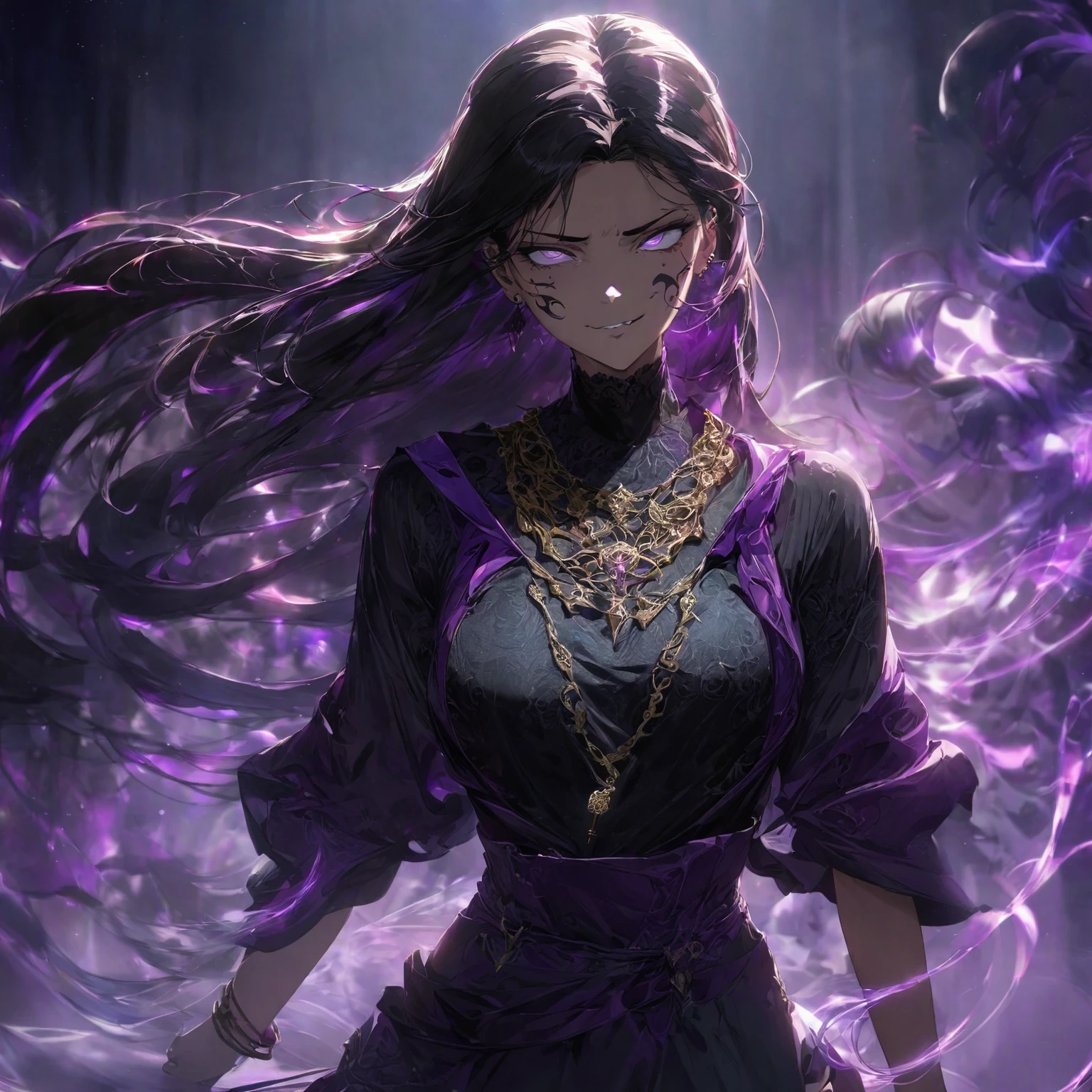a woman with an athletic and agile physique, sharp facial features including a strong jawline and piercing eyes reflecting wisdom and intensity, long flowing hair with streaks of purple intertwined, dressed in a mix of modern and mystical attire blending dark colors with accents of purple, (nude:0.8) adorned with minimalistic yet significant accessories such as a necklace or bracelet with a small, intricate chain design. Pose her dynamically and confidently, conveying readiness for action while maintaining a natural appearance that suits her character. Express her with a conniving/scheming facial expression featuring narrowed, slanted eyes, a smirk or sly grin, and arched eyebrows. Set the scene in a dimly lit, mystical environment with wisps of energy swirling around her, hinting at her ability to manipulate souls with faint soul energies subtly depicted in the air. Illuminate softly to emphasize reflective surfaces of her attire and the glow of her eyes, overall evoking a sense of mystery and power, showcasing her as a formidable yet enigmatic woman deeply connected to the spiritual realm., detailed gorgeous face| anime style| key visual| intricate detail| highly detailed| breathtaking| vibrant| panoramic| cinematic| Carne Griffiths| Conrad Roset| gibbli 8k