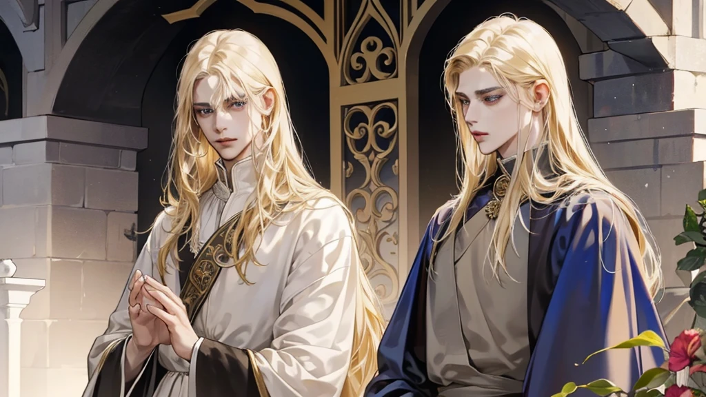 Middle Ages, One, Castlevania Lord handsome, a thin man heads a monastery, beautiful robe, white fabric clothes, A cross hangs around my neck, priest, dynamic pose, super detailed face, long hair, blonde hair, Sharp facial features, adult, handsome man, heavenly eyes, beautiful hands, in a beautiful garden