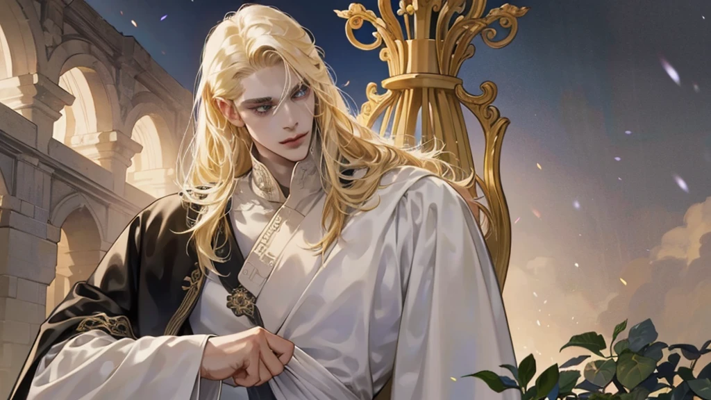Middle Ages, One, Castlevania Lord handsome, a thin man heads a monastery, beautiful robe, white fabric clothes, A cross hangs around my neck, priest, dynamic pose, super detailed face, long hair, blonde hair, Sharp facial features, adult, handsome man, heavenly eyes, beautiful hands, in a beautiful garden