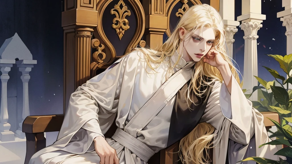 Middle Ages, One, Castlevania Lord handsome, a thin man heads a monastery, beautiful robe, white fabric clothes, A cross hangs around my neck, priest, dynamic pose, super detailed face, long hair, blonde hair, Sharp facial features, adult, handsome man, heavenly eyes, beautiful hands, in a beautiful garden