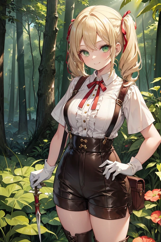30-year-old woman, blonde hair in pigtails, green eyes, tender and smiling expression, long explorer-style shorts with beige suspenders, short-sleeved white blouse, red ribbon in her hair, beige leather gloves, dark beige, in forest leather boots that reach mid-calf, her weapons are two daggers she carries at her waist.