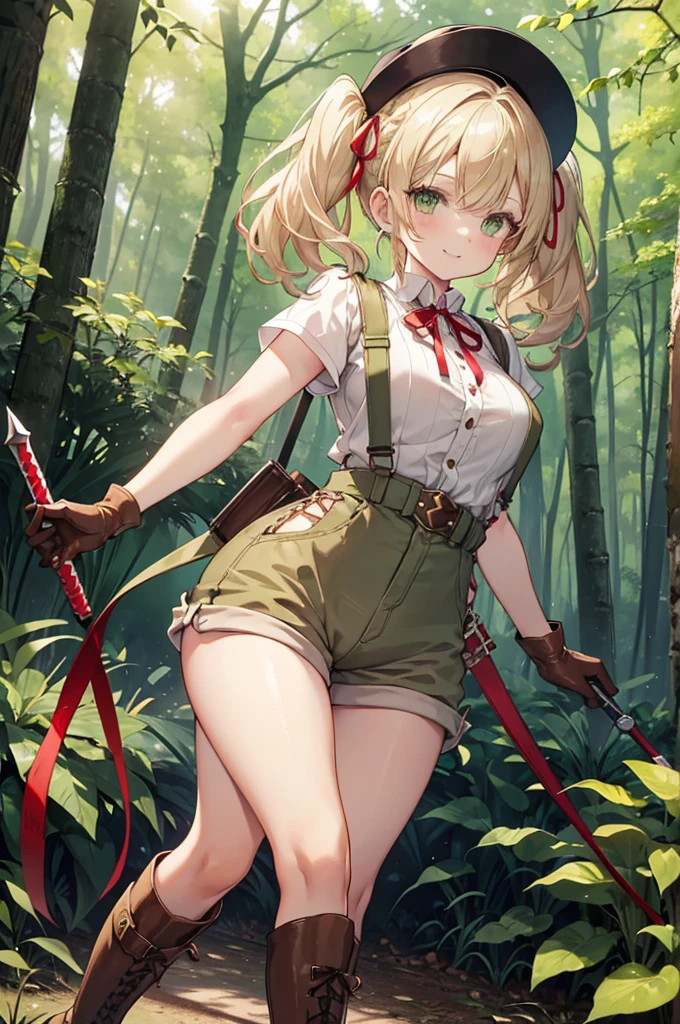 30-year-old woman, blonde hair in pigtails, green eyes, tender and smiling expression, long explorer-style shorts with beige suspenders, short-sleeved white blouse, red ribbon in her hair, beige leather gloves, dark beige, in forest leather boots that reach mid-calf, her weapons are two daggers she carries at her waist.