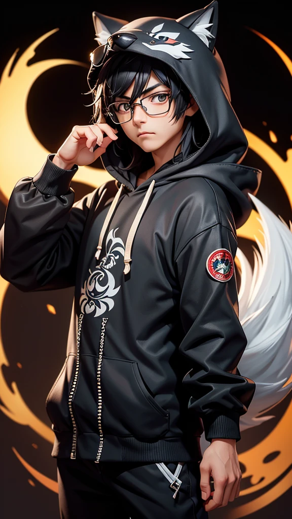 (Highest quality:1.2)。One man。Glasses。Angry expression。(Wearing a hooded wolf costume)。(standing)。The background is a black。(the word Reza is written on his hooded) 