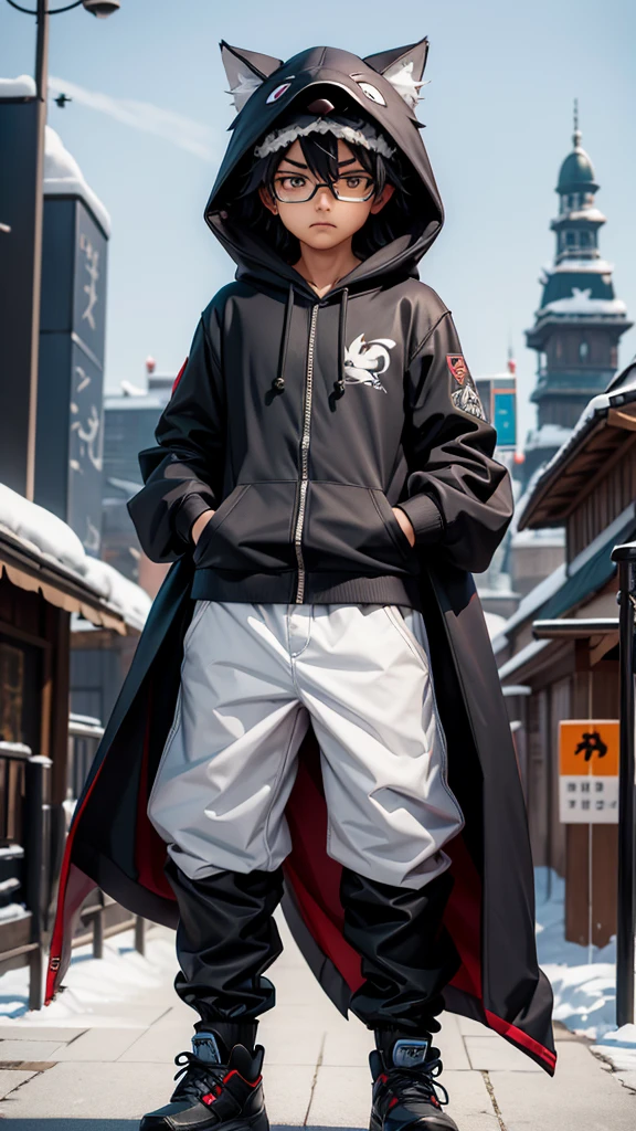 (Highest quality:1.2)。One man。Glasses。Angry expression。(Wearing a hooded wolf costume)。(standing)。The background is a black。(the word Reza is written on his hooded)
