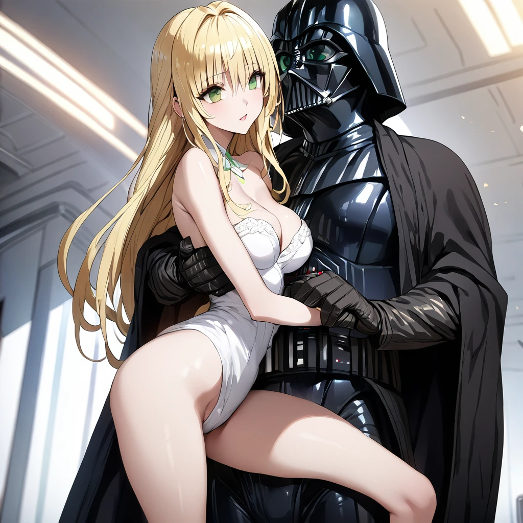 ((Highest quality)), ((masterpiece)), (detailed), （Perfect Face）、The woman is Tiare, with green eyes, medium-long blonde hair, and is wearing a Darth Vader costume.、The woman is standing next to Darth Vader and is being held by him.