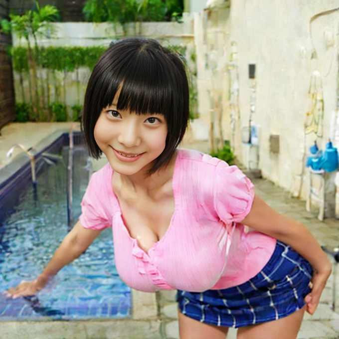 Asian Cute Girl, 8--old,all crt and short skirt, Big Breasts, Baby Face, Small ,arms, Short legs, Leaning forward, Exposing cleavage, alone, smile、Very large breasts、