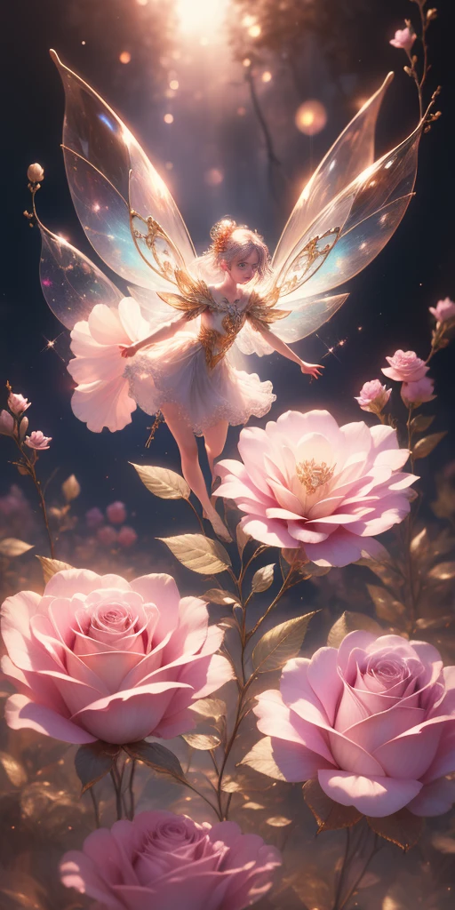 Beautiful transparent flower fairy baby, Transparent colorful wings, The wand flutters in the wind、The wand flashed with starlight,golden wand,Beautiful blue sky and white clouds、Girls have transparent wings、kindly smile、Beautiful garden background、Gentle and transparent,anatomy correct, Delicate pattern,Pink rose space, Soft lighting, ( bokeh),Masterpiece, Super detailed, Epic composition, Highest quality, 8K,Epic romantic fantasy digital art,Epic fairy tale fantasy digital art,Mythological fantasy,UHD resolution,Detailed detail drawing,realisticlying,Very realistic,cinmatic lighting,an award winning photograph,rich colours,hyper realistic lifelike texture,Dramatic lighting fairy