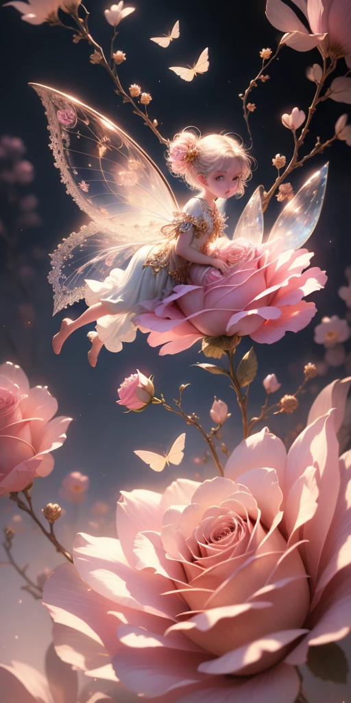 Beautiful transparent flower fairy , Transparent colorful wings, The wand flutters in the wind､The wand flashed with starlight，golden wand，Beautiful blue sky and white clouds、Girls have transparent wings､kindly smile､Beautiful garden background､Gentle and transparent，anatomy correct, Delicate pattern，Pink rose space, Soft lighting, ( bokeh)，Masterpiece, Super detailed, Epic composition, Highest quality, 8K，Epic romantic fantasy digital art，Epic fairy tale fantasy digital art，Mythological fantasy，UHD resolution，Detailed detail drawing，realisticlying，Very realistic，cinmatic lighting,an award winning photograph,rich colours，hyper realistic lifelike texture，Dramatic lighting fairy