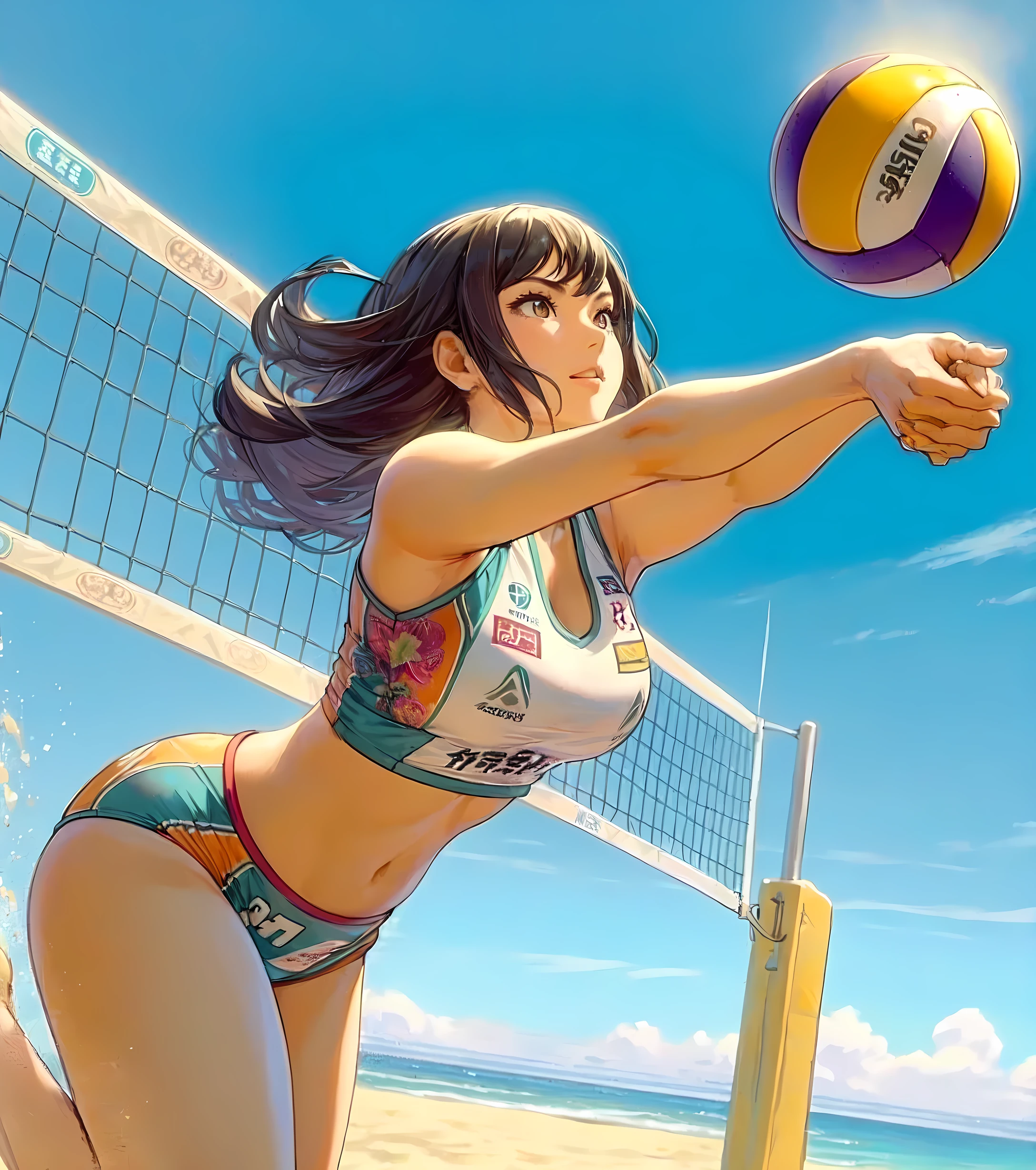 1lady solo, standing (squatting:0.8), (making underhand receive) (hands clasped together:1.1), (dynamic posing), (beach volleyball player), (uniform with company logo) cropped top, (mature female:0.8), /(black hair/) bangs, (light smile:0.6), (masterpiece best quality:1.2) delicate illustration ultra-detailed, medium breasts, (muscle:0.6) BREAK (sandy beach) outdoors, (beach volleyball court), flying sand, blue sky, detailed background