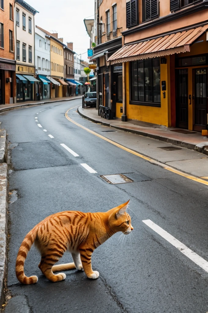 "A plump orange cat strolls leisurely on the sunny streets of a quaint town, surrounded by other cats gossiping and pointing at him with judgmental expressions."