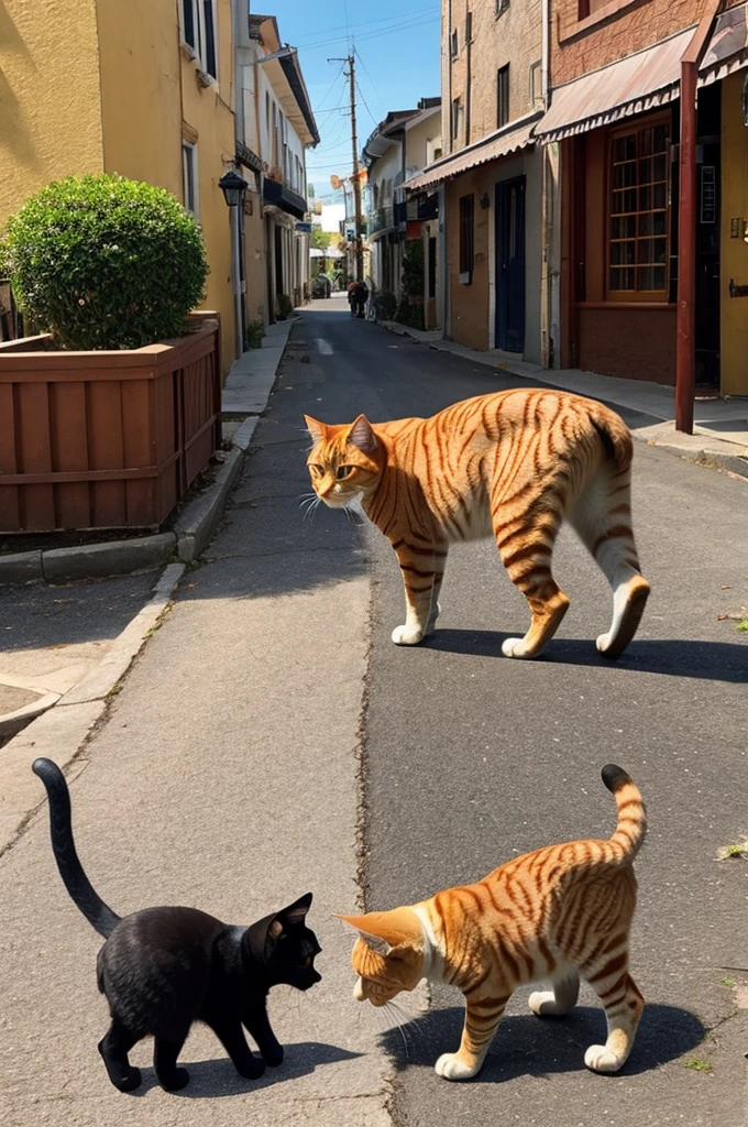 "A plump orange cat strolls leisurely on the sunny streets of a quaint town, surrounded by other cats gossiping and pointing at him with judgmental expressions."