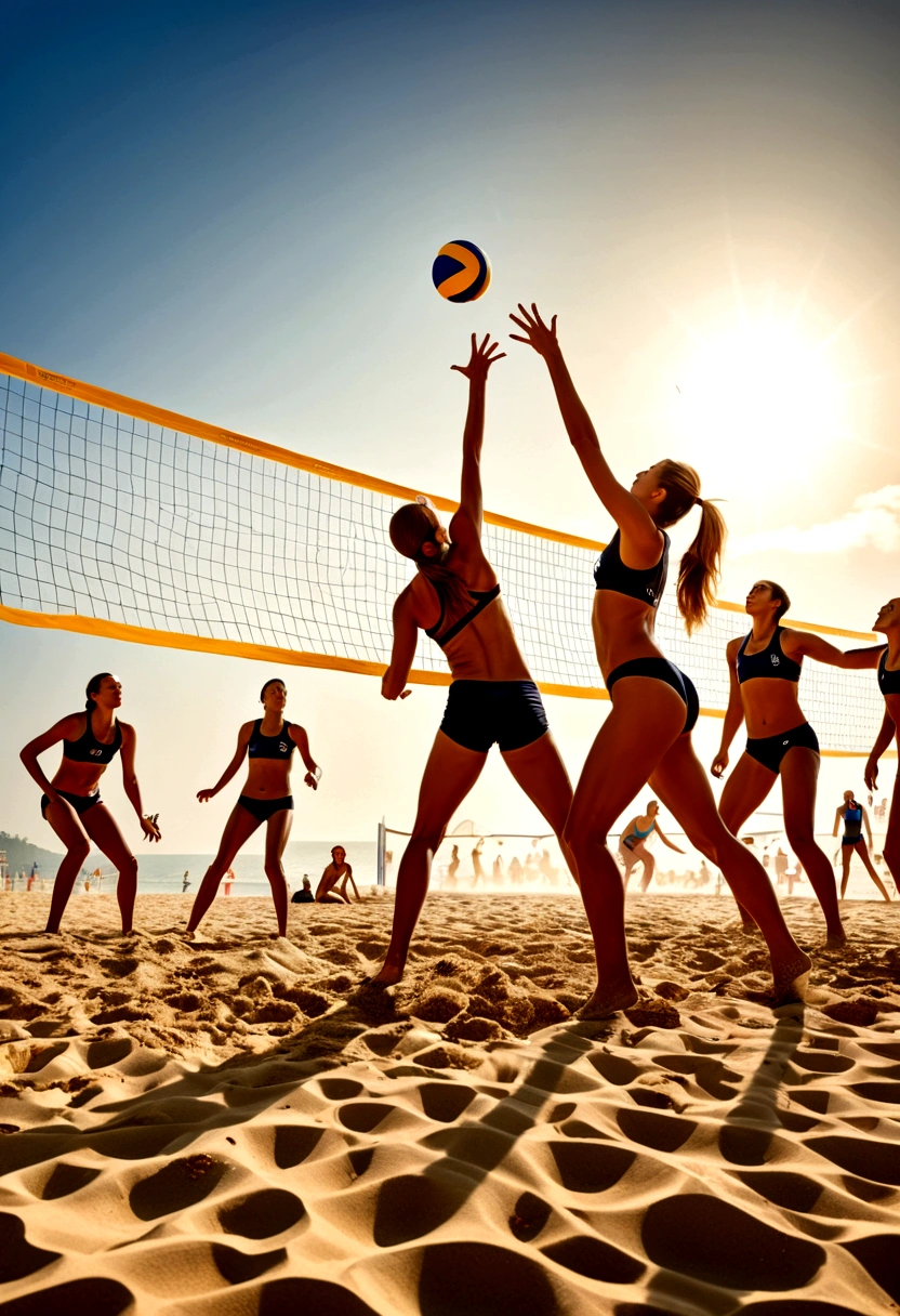 (Beach Volleyball player), Pixar style, children are happily playing volleyball on the beach, their faces filled with childlike joy. The background is a blue sky and a golden beach, and the picture is colorful, full of vitality and childlike fun, showcasing their gaming moments, full body, (Photography), panoramic view, award-winning, cinematic still, emotional, vignette, dynamic, vivid, (masterpiece, best quality, Professional, perfect composition, very aesthetic, absurdres, ultra-detailed, intricate details:1.3)