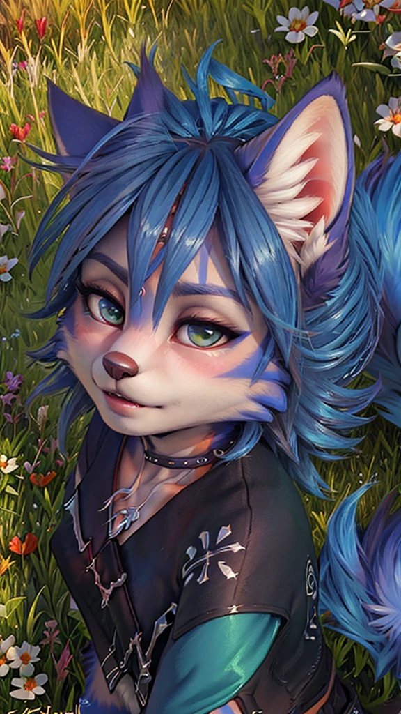 A beautiful and detailed (sweet portrait) wa ((Krystal)), Star Fox Krystal, sslim, lovable, green eyes, medium breasts, (((Long blue hair 1.3))), Decollete, anthro, furry, Uploaded E621, detailed fluffy fur, (wa Fluff-Kevlar, Bayard Wu, Personalami, Pino Daeni), detailed face, (fluffy), 1 girl, alone, sweet girl, ((lies on a meadow:1.3)), looks at the viewer, viewer is above the, Her whole body can be seen, from head to toe, 