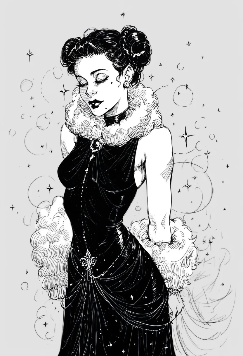 score_9, score_8_up, score_7_up, score_6_up BREAK monochrome, sketch, hatching texture, 1girl,solo, slim, pale skin tone, beauty mark, dark lipstick, regal dressing, fur trimmed black dress, dark background, bun hairstyle