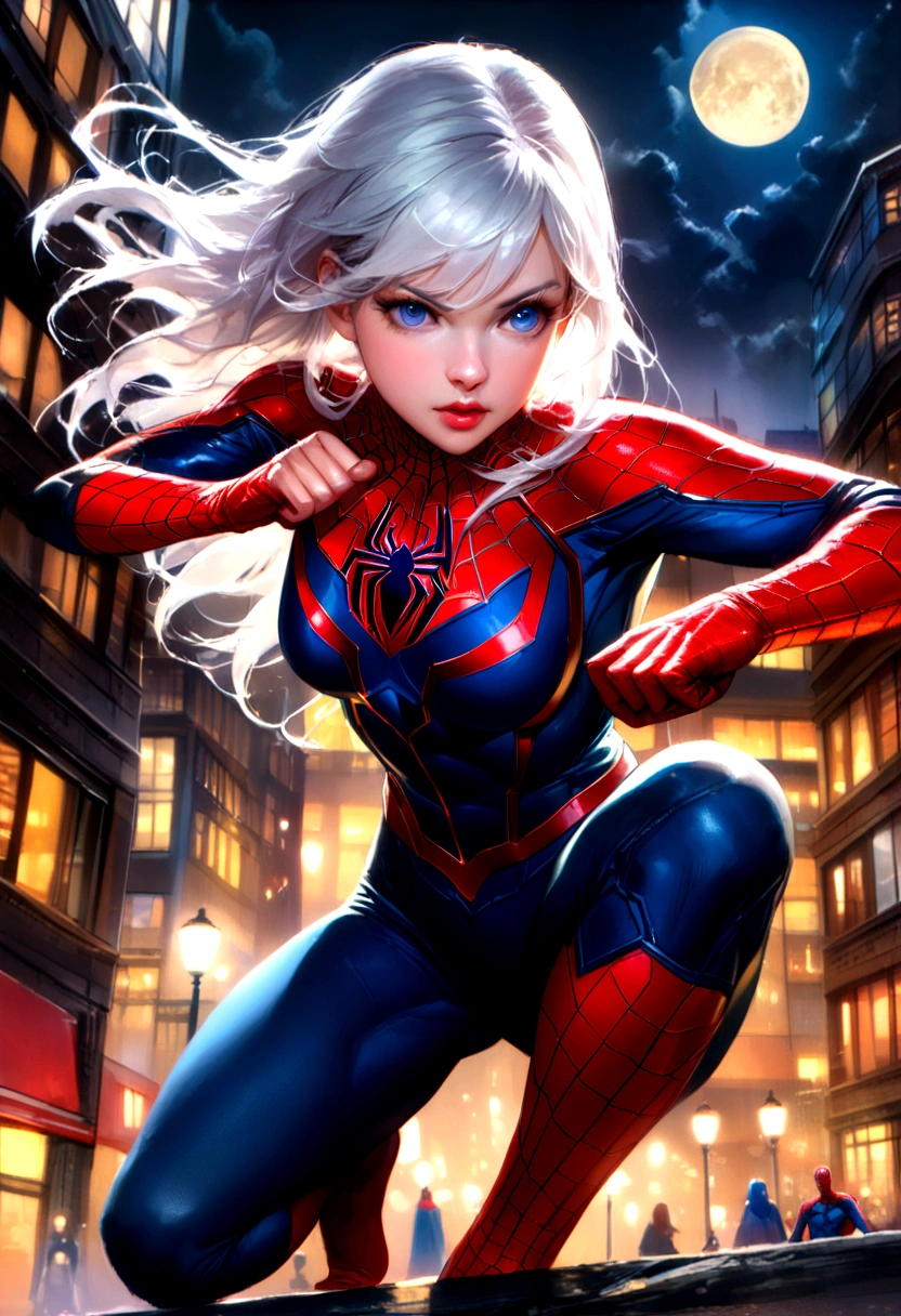 (work of art, 4k resolution, Ultra-realistic, very detailled), (White superhero theme, charismatic, there&#39;s a girl at the top of town, wearing spiderman costume, she is a superhero), [ ((age 25), (long  white hair:1.2), whole body, (blue colored eyes:1.2), ((Spider-Man Stance),show of force, jumping from one building to another), ((sandy urban environment):0.8)| (urban landscape, at night, dynamic lights), (fullmoon))] # Explanation: The prompt mainly describes an ultra-high-definition 4K painting, very realistic, very detailled. Shows a superheroine on top of the city, wearing a Spider-Man costume. The theme of the painting is a white superhero theme, the female protagonist has long  white hair, is age 25 old and her entire body is shown in the painting. In terms of portraying the actions of female superheroes, spiders are employed