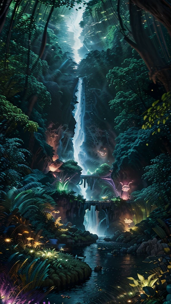 Envision a civilization near a glowing waterfall in a lush forest. Fantasy, another dimension. Hyperrealistic, UHD, HD, 8K,