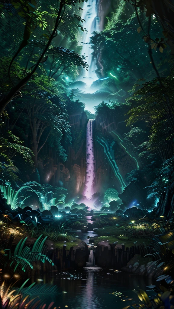 Envision a civilization near a glowing waterfall in a lush forest. Fantasy, another dimension. Hyperrealistic, UHD, HD, 8K,  