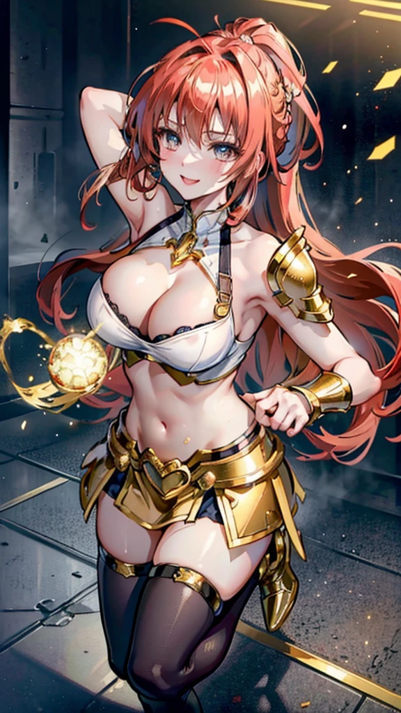 Gold Armor, 4K image, assembly, best quality, masterpiece, movie lighting ,Sexy,Large Breasts,Cleavage,action,In battle,Cleavage,Smile,noble,light beam from hand,Golden lightning surrounds,Red hair,Ponytail hairstyle,Saint Seiya Leo Aiolia,Blink,Lipstick,High purchase price