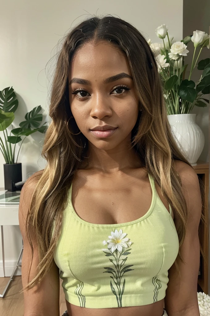 "Selfie of an African American woman with long, wavy blonde hair. She is wearing a white tank top with a green pattern on the front. Her makeup is flawless, highlighting her eyes with long eyelashes and luminous skin. The background shows a modern interior with minimalist decor, including a coffee table with a vase of white flowers. The photo is very realistic, capturing the details of her face, her hairstyle, and the mood of the room.